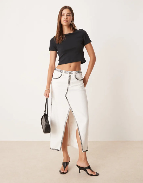  Glamorous Center Split Denim Maxi Skirt In White Black Edges 