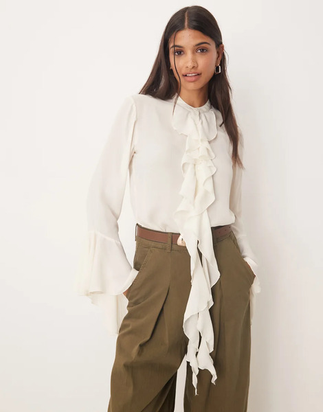  Glamorous Collarless Frill Front Blouse In Cream White 