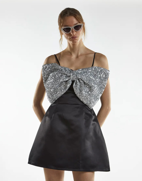  Glamorous Contrast Bow Mini Dress In Black Silver 