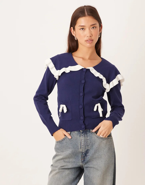  Glamorous Contrast Trim Cardigan In Navy White 