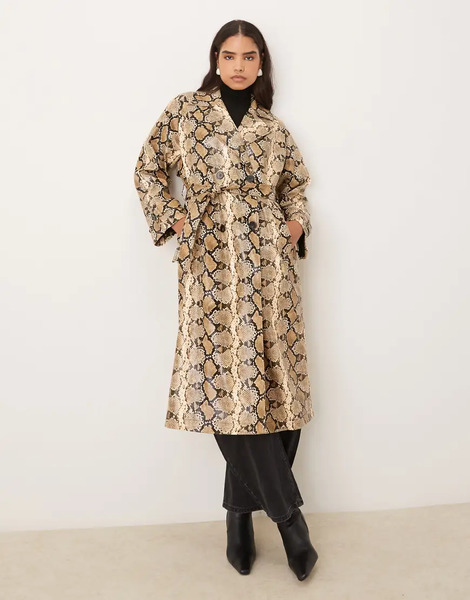  Glamorous Double Breasted Trench Coat In Beige Snakeskin Multi 