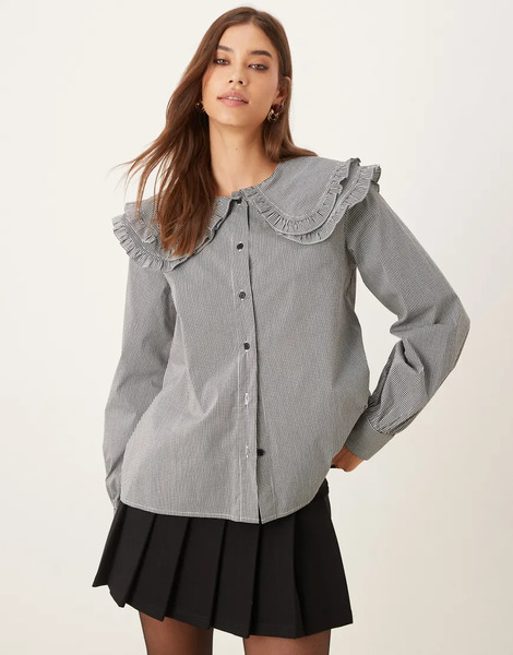  Glamorous Double Layer Collar Button Down Shirt In Black White Check Multi 