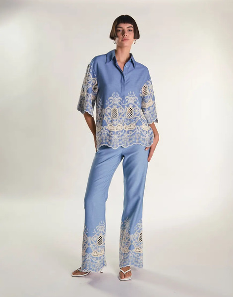  Glamorous Embroidered Flares Trouser In Embroidered Chambray Blue 