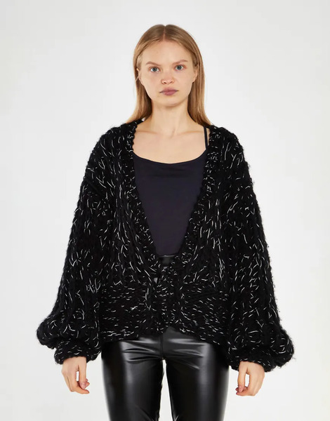  Glamorous Fleck Cable Knit  Cardigan In Black Silver Fleck 