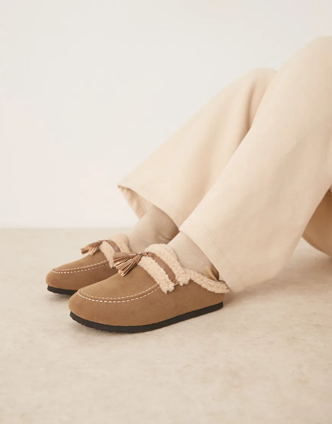  Glamorous Fluffy Slip On Mules In Taupe Brown 