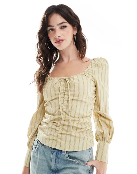  Glamorous Gathered Front Top In Straw Gold Stripe 