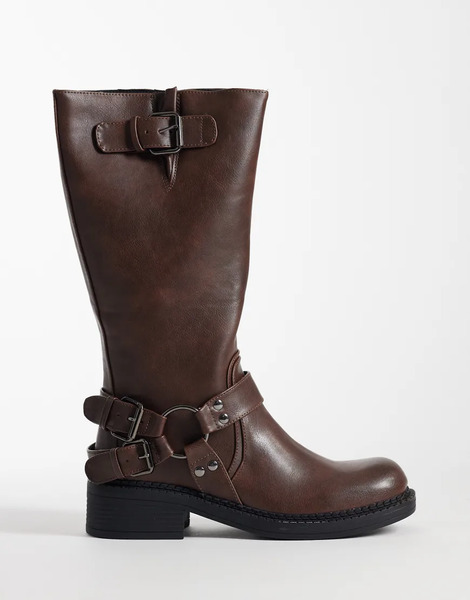  Glamorous Harness Biker Knee Boots In Distressed Brown 