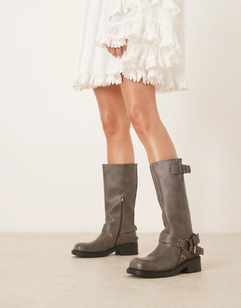  Glamorous Harness Biker Knee Boots In Washed Grey 