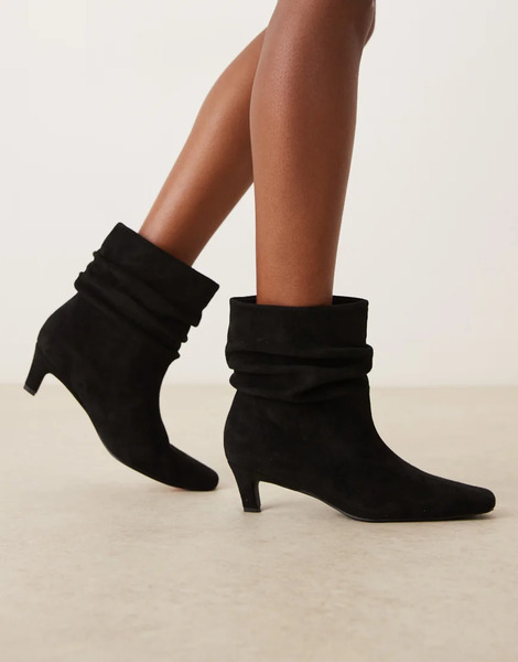  Glamorous Kitten Heel Ruched Mid Ankle Boots In Black Micro 