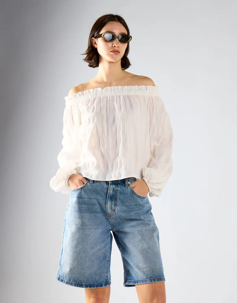  Glamorous Off Shoulder Voluminous Fit Blouse In White Check 