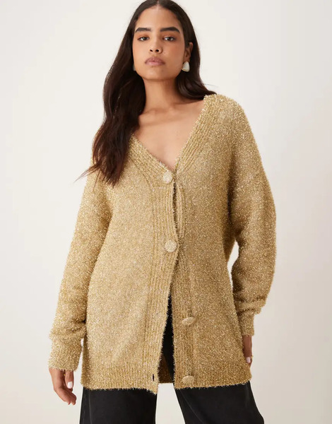  Glamorous Oversized Cardigan In Gold Tinsel 