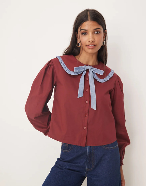  Glamorous Oversized Collar Blouse In Burgundy Blue Red 