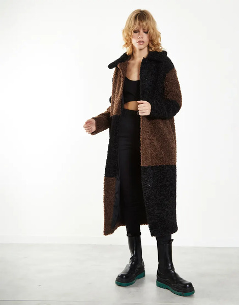  Glamorous Patchwork Longline Coat In Black Brown 