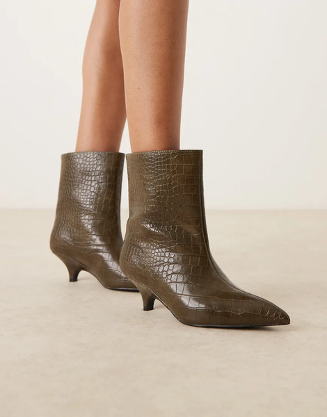  Glamorous Pointed Kitten Heel Mid Ankle Boots In Olive Croc Green 