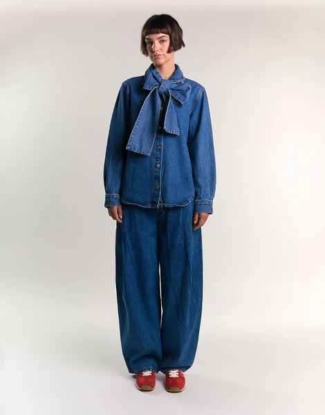  Glamorous Pussy Bow Blouse In True Blue Denim 