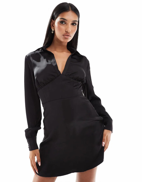  Glamorous Satin Collared Mini Dress In Black 