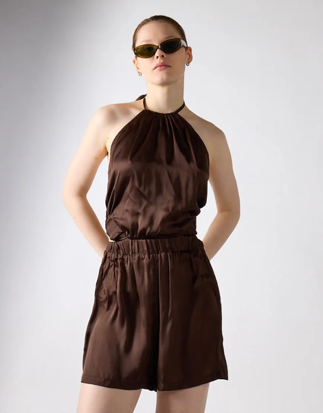  Glamorous Satin Short Playsuit In Brown 