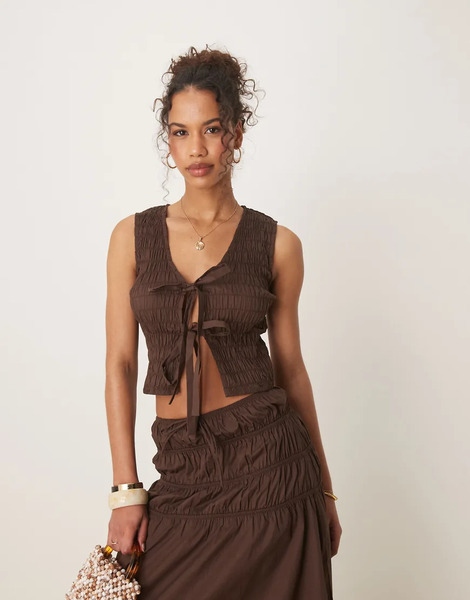  Glamorous Shirred Tie Front Top In Brown Co Ord 