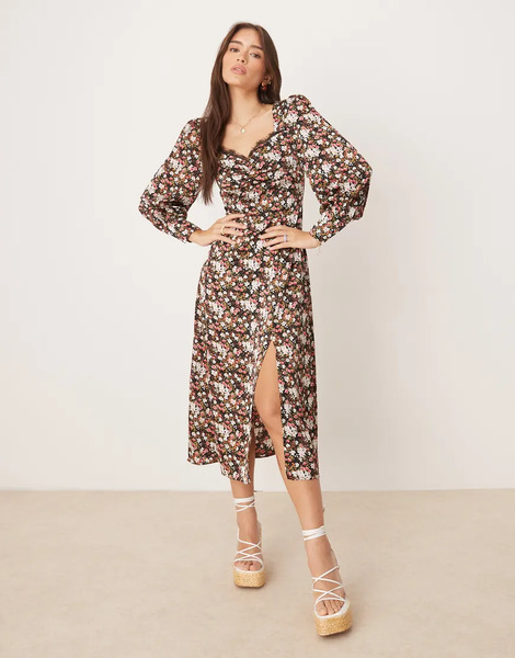  Glamorous Side Split Midi Dress In Winter Ditsy Floral Multi 