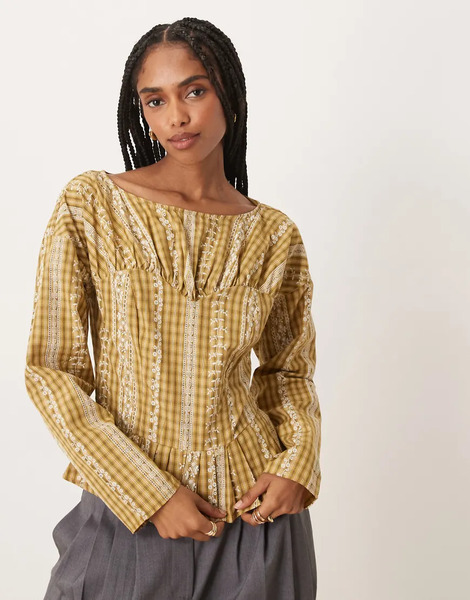  Glamorous Sinched Waist Blouse In Yellow Check 