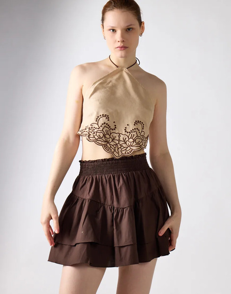  Glamorous Smocked Ruffle Mini Skirt In Brown 