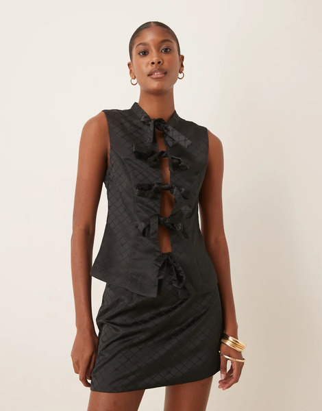  Glamorous Tie Bow Front Top In Black Check Co Ord 