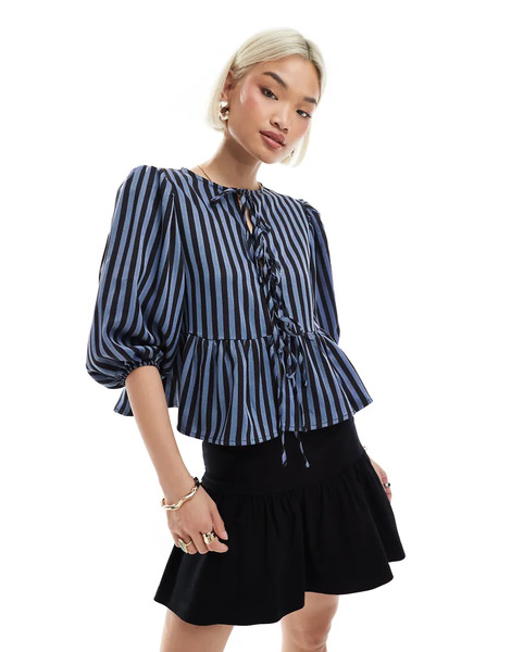  Glamorous Tie Front Blouse In Blue Black Stripe 