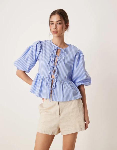  Glamorous Tie Front Blouse In Blue Stripe 