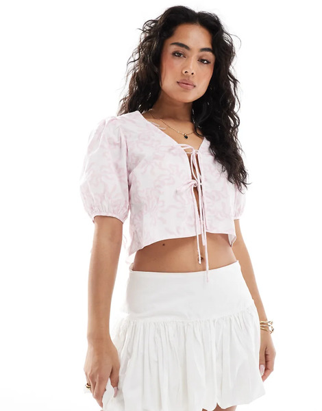  Glamorous Tie Front Blouse In White Pink Bow 
