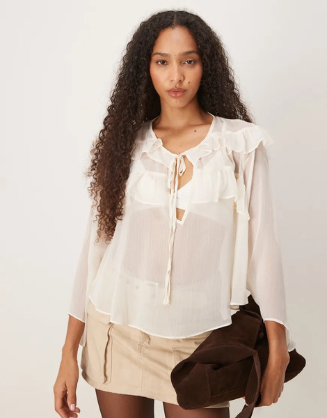  Glamorous Tie Front Keyhole Detail Ruffle Blouse In Cream White 