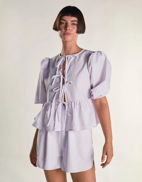  Glamorous Tie Front Peplum Top In Light Pink Stripe Multi 