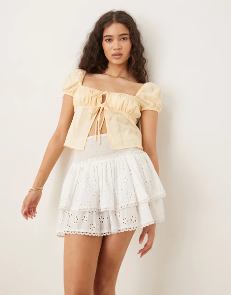  Glamorous Tie Front Tops In Pale Lemon Orange 
