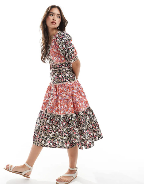  Glamorous Tiered Button Front Midi Dress In Mixed Folk Poplin Multi 