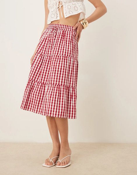  Glamorous Tiered Midi Skirt In Cherry Red Gingham 