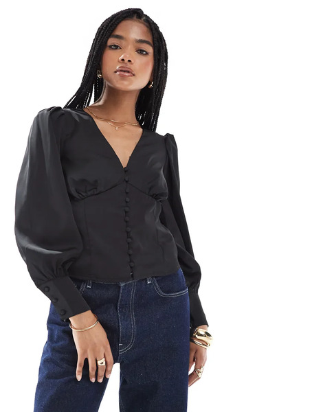  Glamorous V Neck Button Front Blouse In Black Sateen 