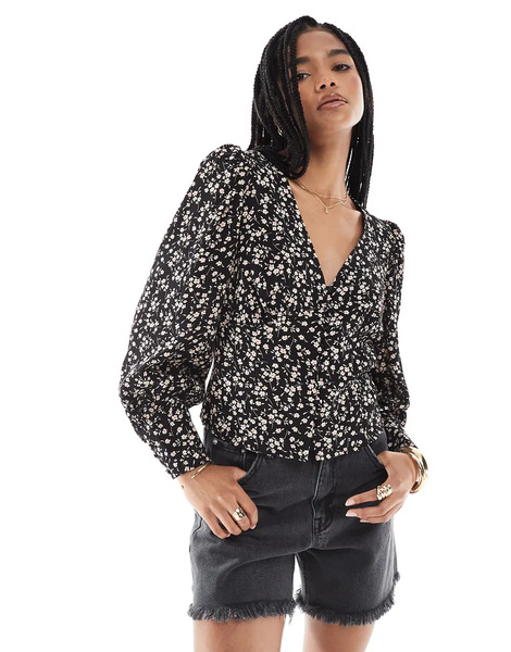  Glamorous V Neck Button Front Blouse In Black Stone Ditsy 