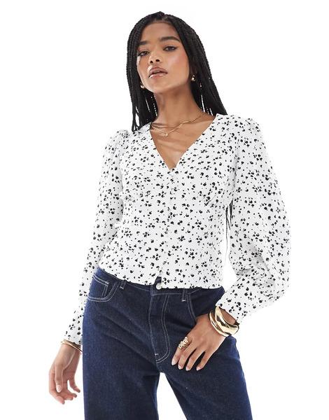  Glamorous V Neck Button Front Blouse In White Black Splodge 