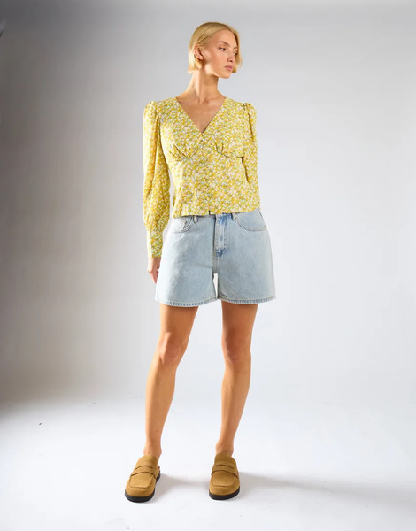  Glamorous V Neck Button Front Blouse In Yellow Mustard Ditsy 