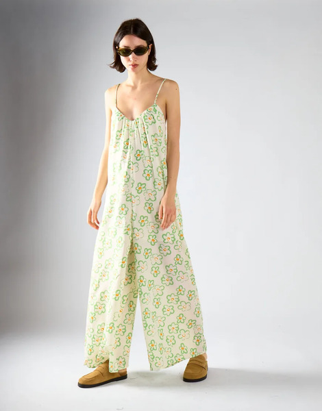  Glamorous V Neck Jumpsuit In White Green Multi Daisy 