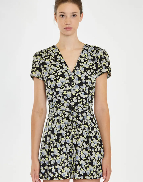  Glamorous V Neck  Playsuit In Black Grey Flower Multi 