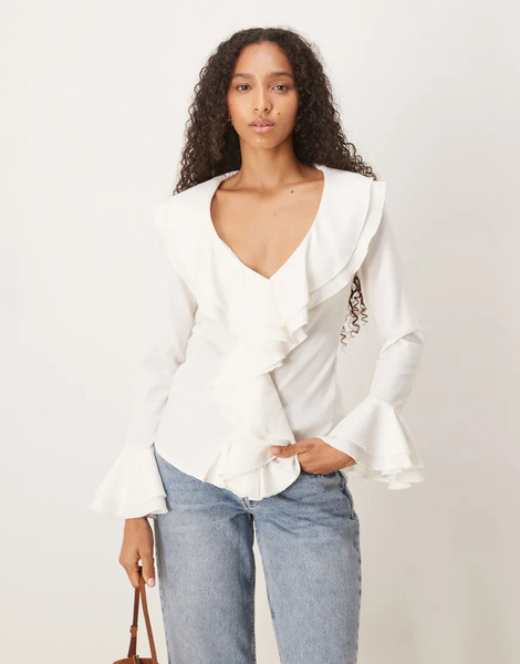  Glamorous V Neck Ruffle Trim Blouse In Off White 