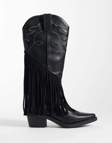  Glamorous Western Fringe Knee Boots In Black 