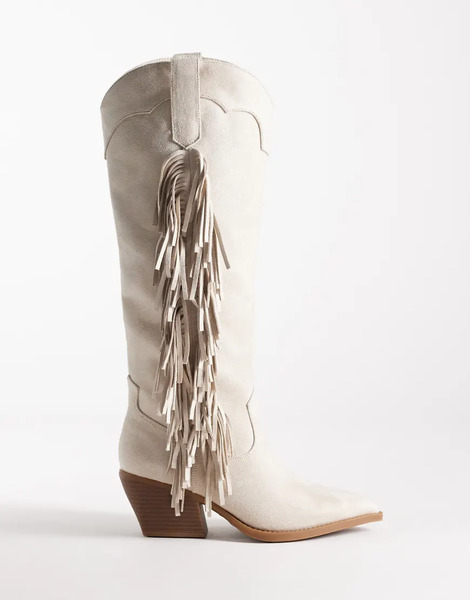  Glamorous Western Fringe Knee Boots In Cream Suedette White 