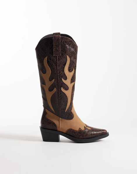  Glamorous Western Knee Boots In Black And Tan Multi 