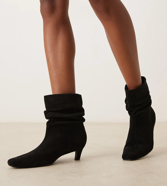  Glamorous Wide Fit Kitten Heel Ruched Mid Ankle Boots In Black Micro 