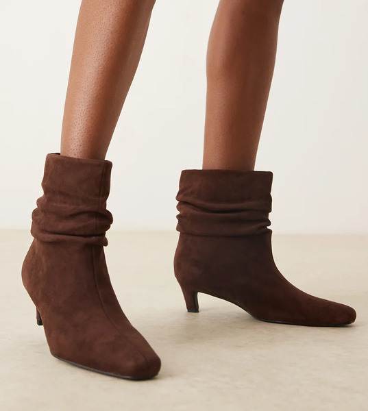  Glamorous Wide Fit Kitten Heel Ruched Mid Ankle Boots In Brown Micro 