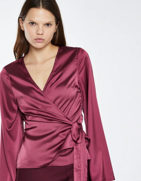  Glamorous Wrap Long Sleeve Top In Dark Raspberry Sateen Red 