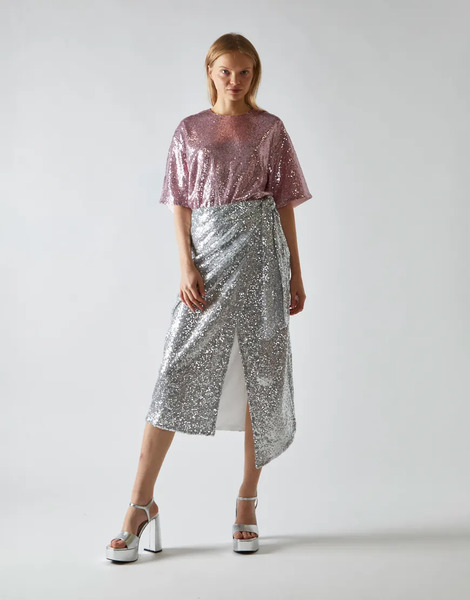  Glamorous Wrap Midi Skirt In Silver Sequin 