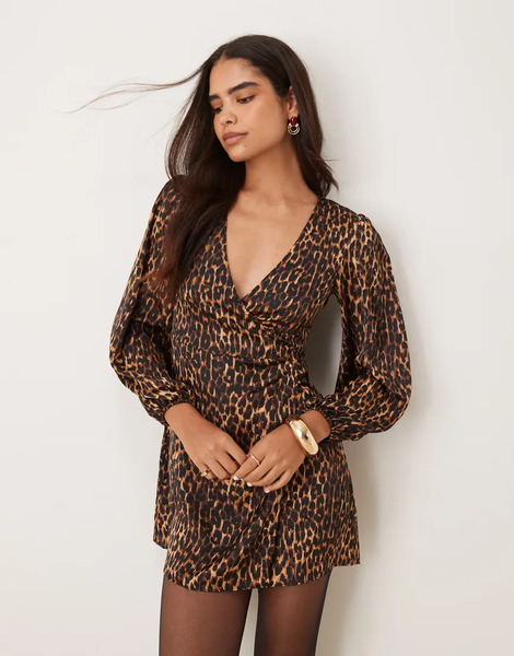  Glamorous Wrap Mini Dress In Brown Leopard 