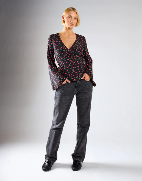  Glamorous Wrap Top In Black Red Roses Multi 